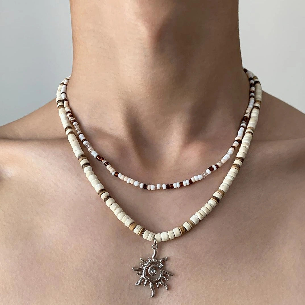 Accessories Double Layer Coconut Bead Necklace With Sun Pendant