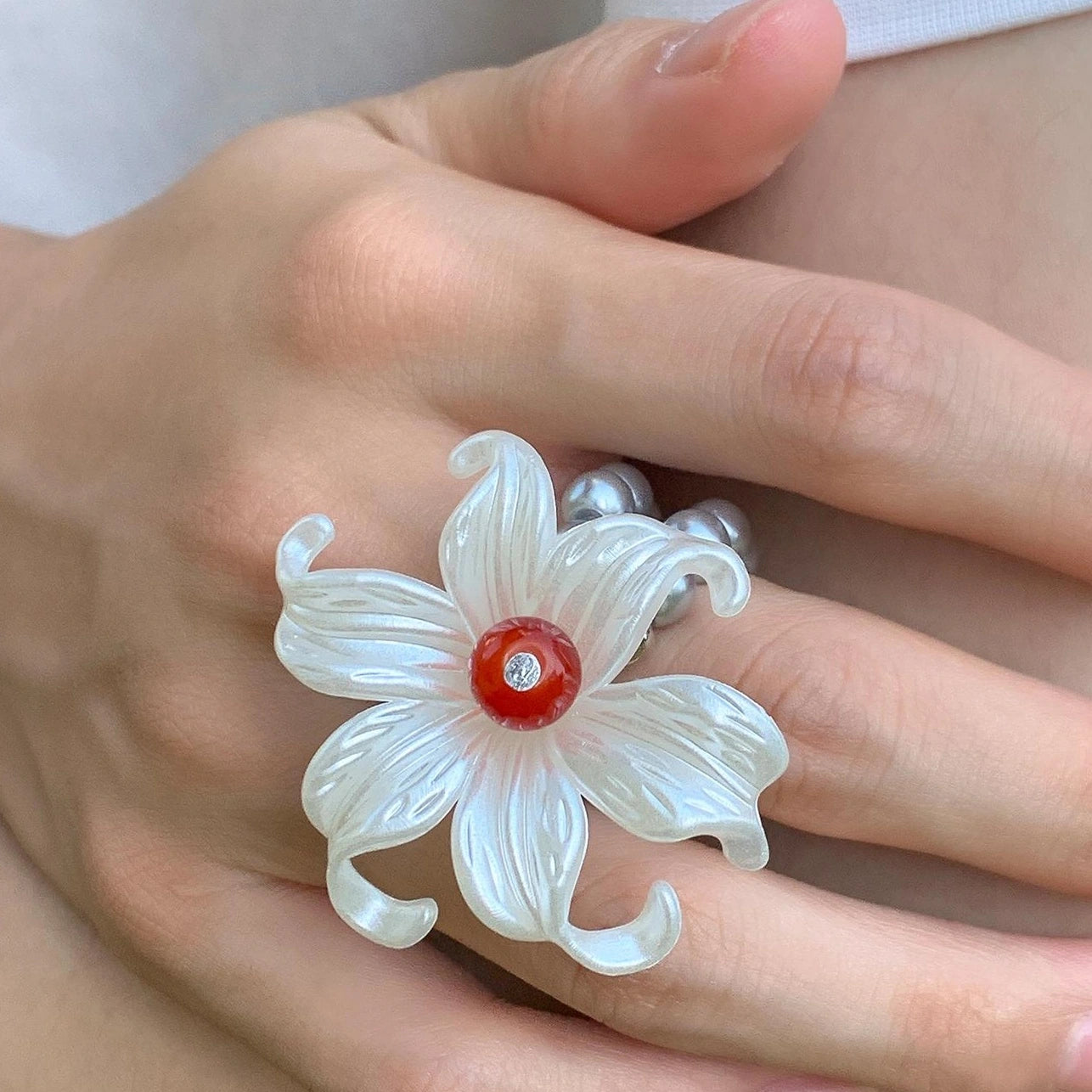 Accessories Double Layer Iris Pearl Adjustable Ring