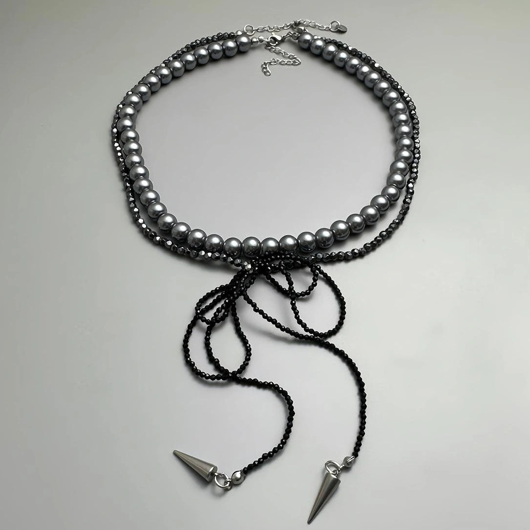 Accessories Double Layer Pearl Crystal Bow Necklace