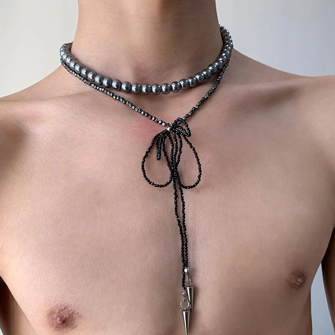 Accessories Double Layer Pearl Crystal Bow Necklace