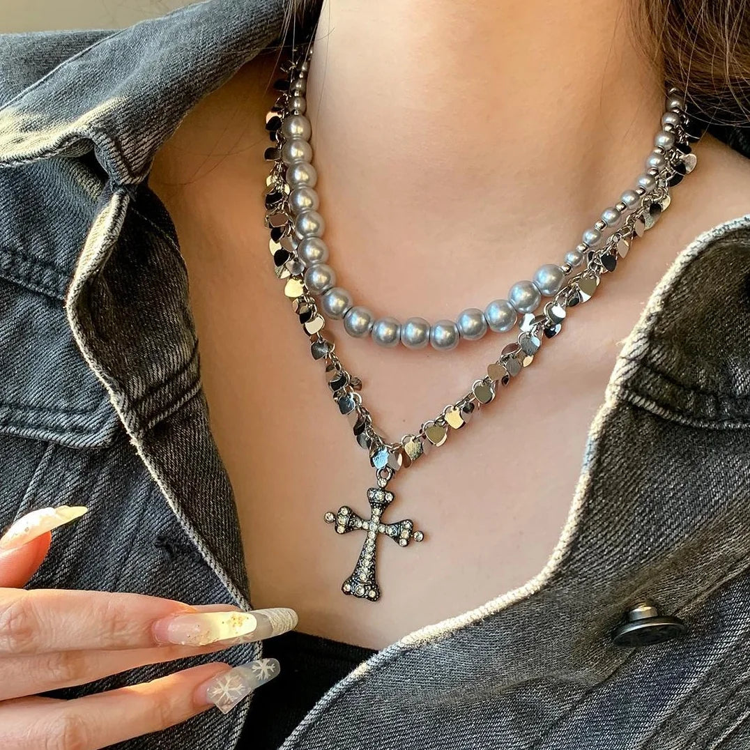 Accessories Double Layer Pearl Tassel Cross Necklace