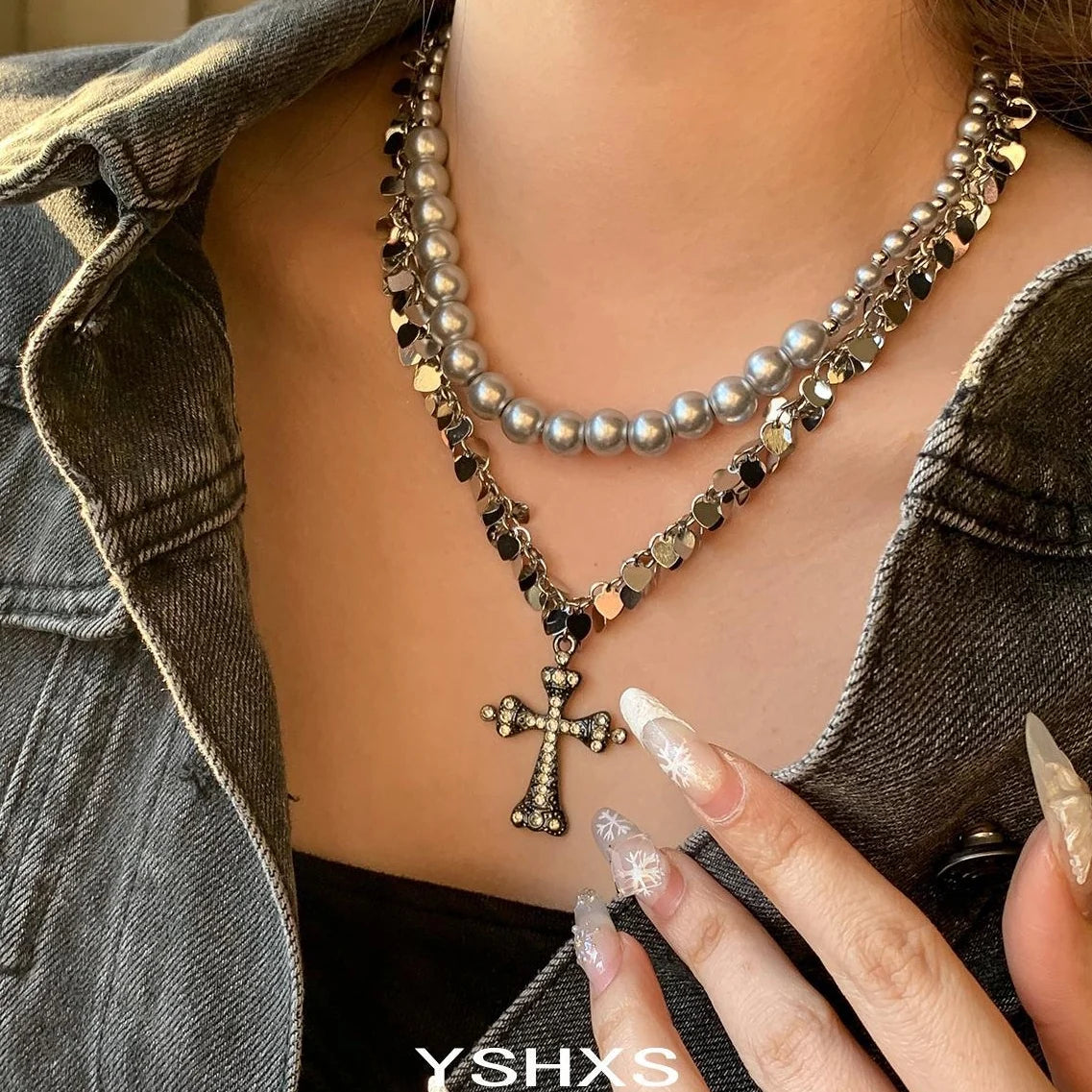 Accessories Double Layer Pearl Tassel Cross Necklace