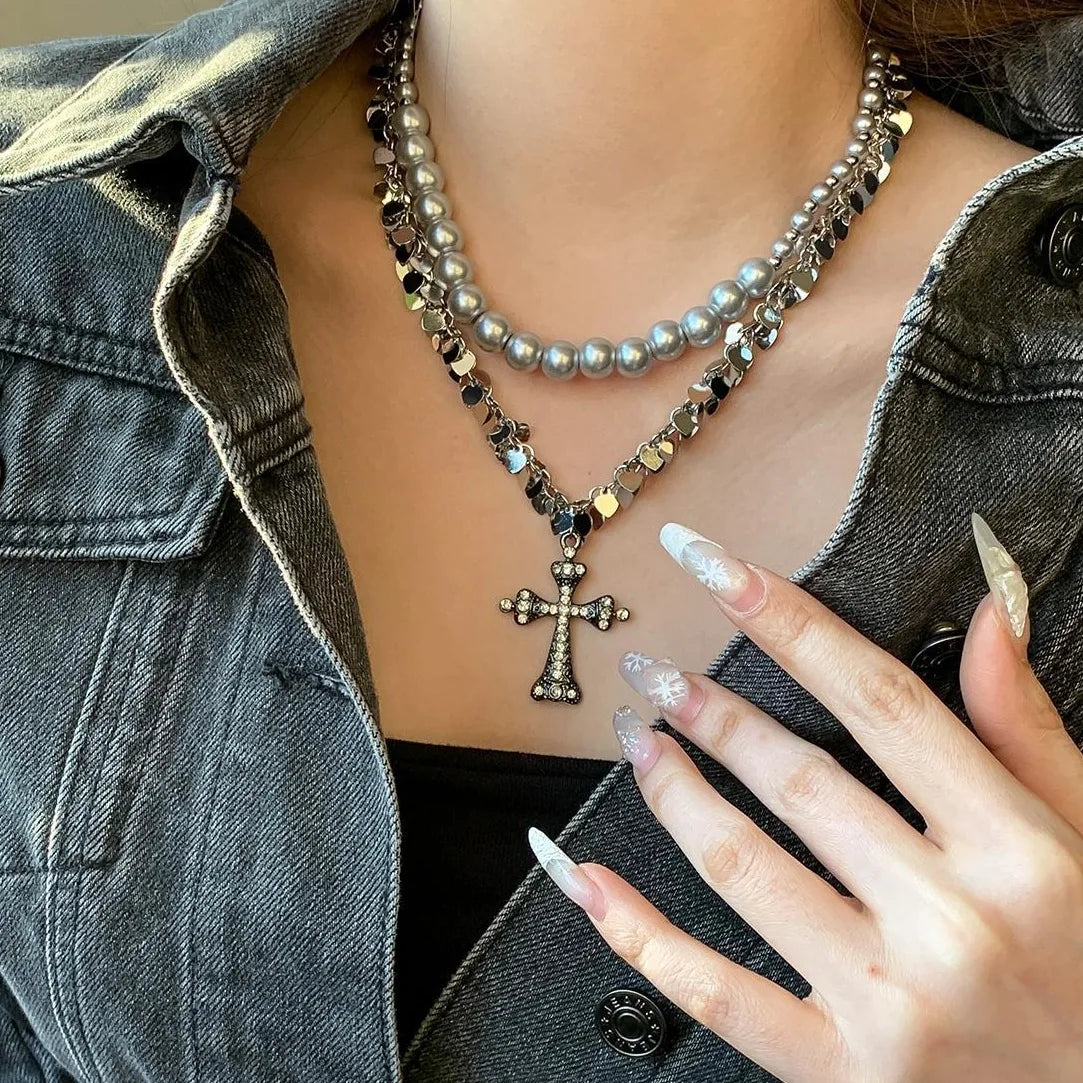 Accessories Double Layer Pearl Tassel Cross Necklace