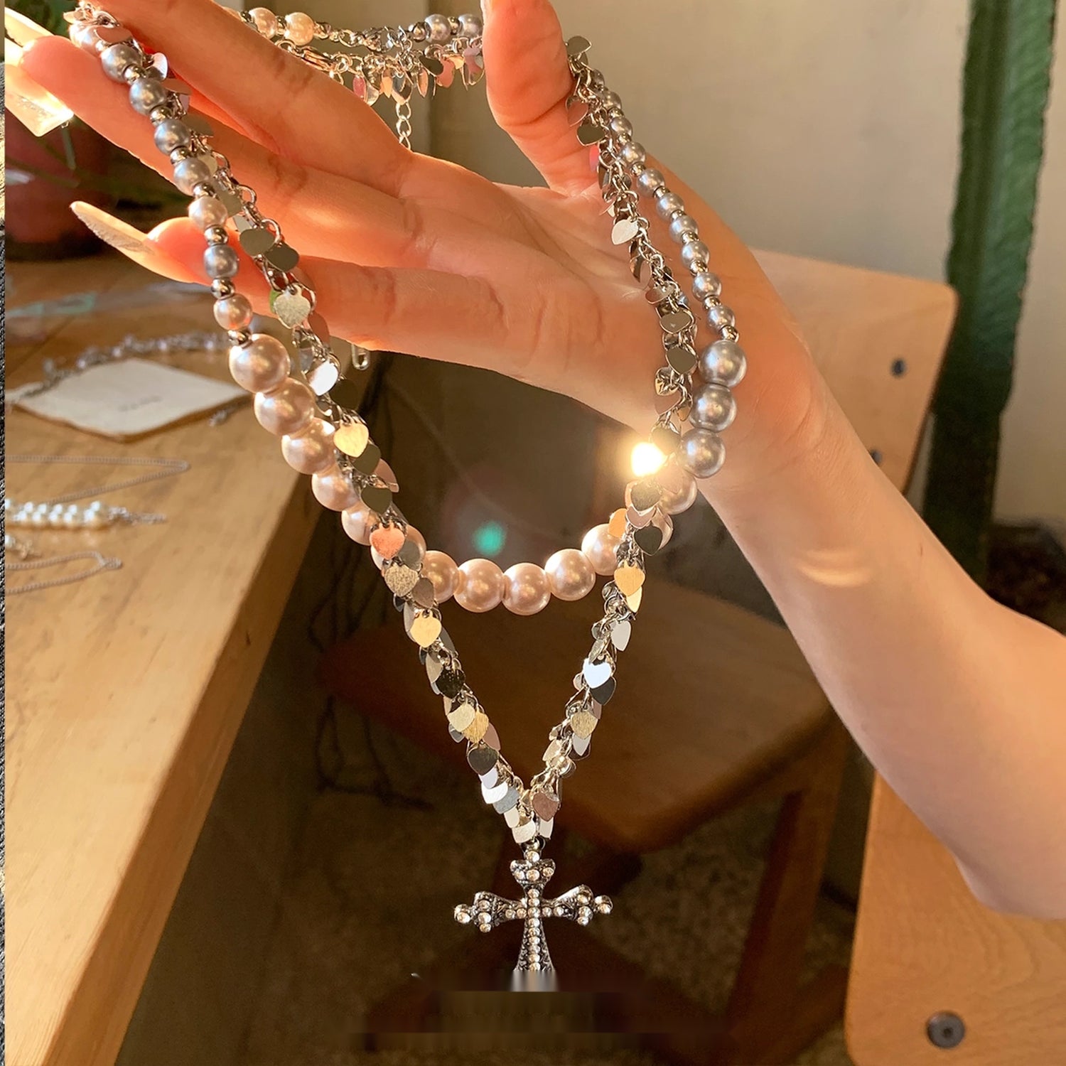 Accessories_Double_Layer_Pearl_Tassel_Cross_Necklace_MISSTT