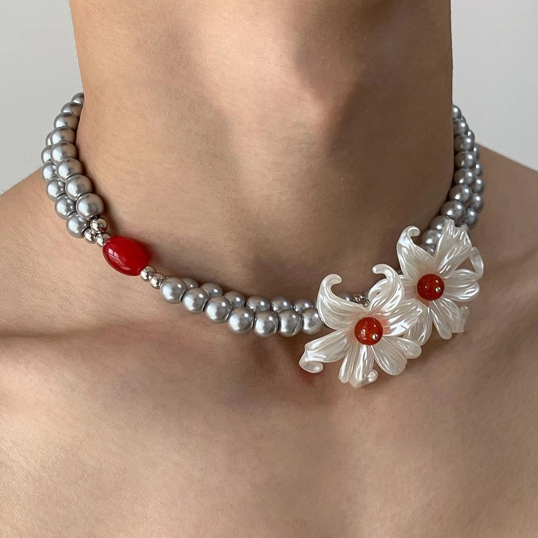 Accessories Elegant White Lily Grey Pearl Double Layer Necklace