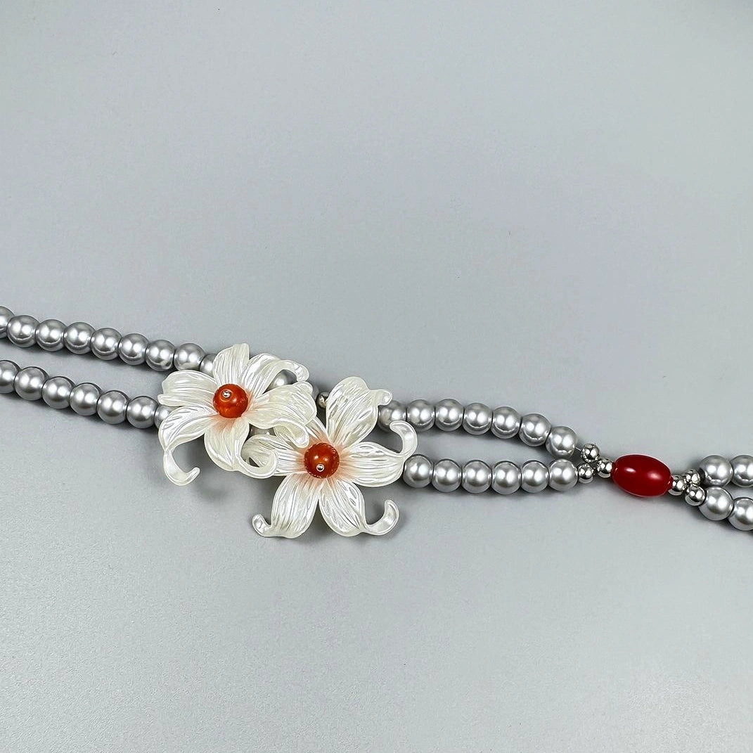 Accessories Elegant White Lily Grey Pearl Double Layer Necklace