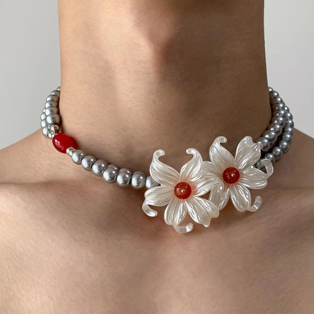 Accessories Elegant White Lily Grey Pearl Double Layer Necklace