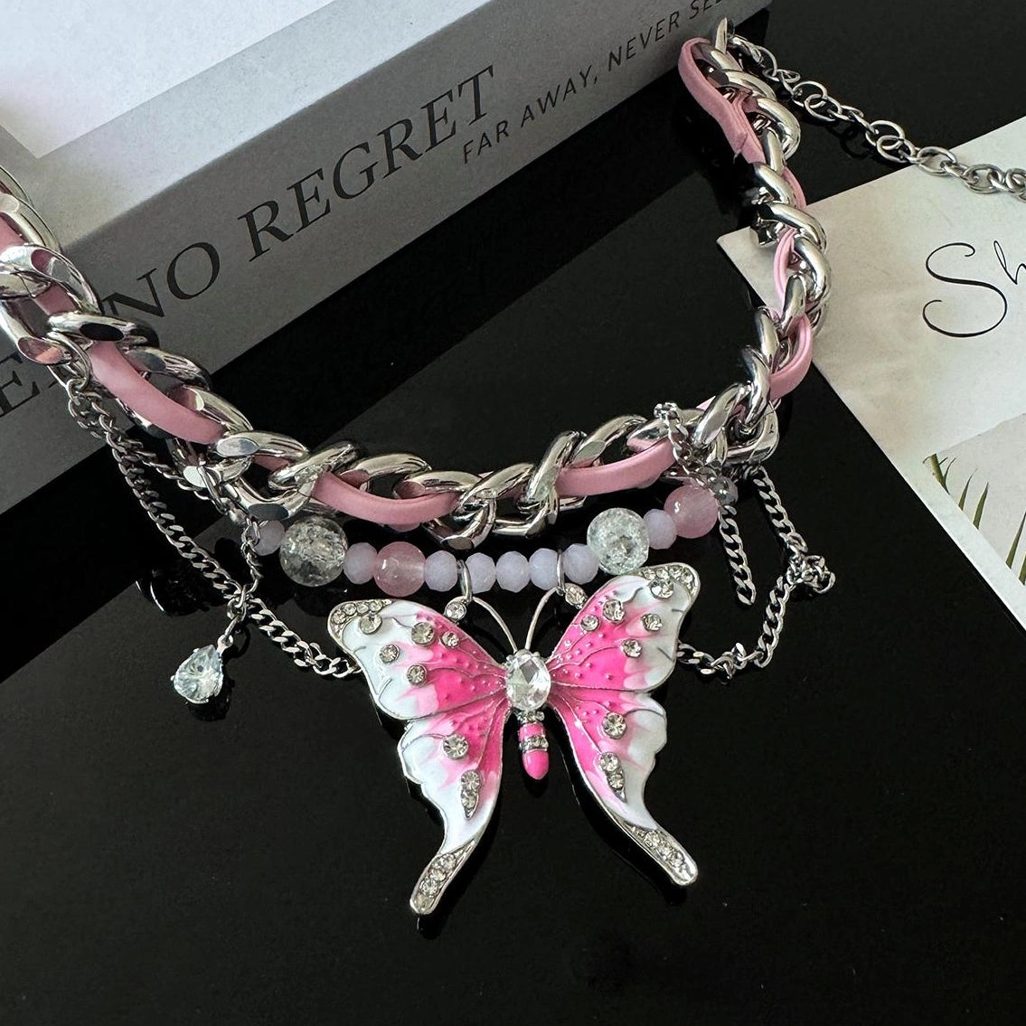 Accessories Exaggerated Pink Butterfly Choker Necklace