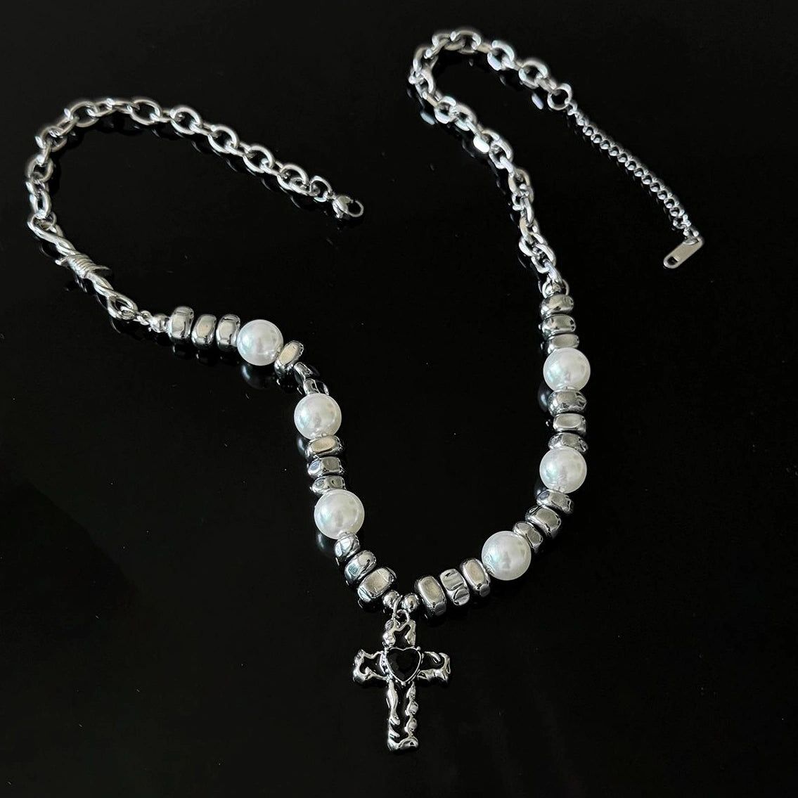 Accessories Exaggerated Titanium Steel Cross Pearl Choker Necklace