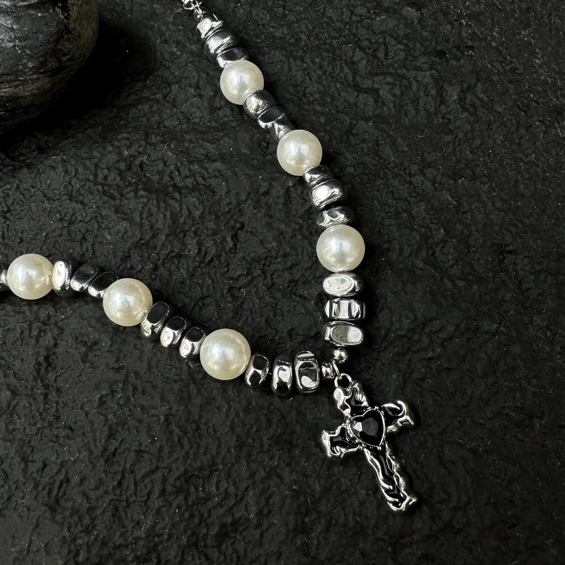 Accessories Exaggerated Titanium Steel Cross Pearl Choker Necklace