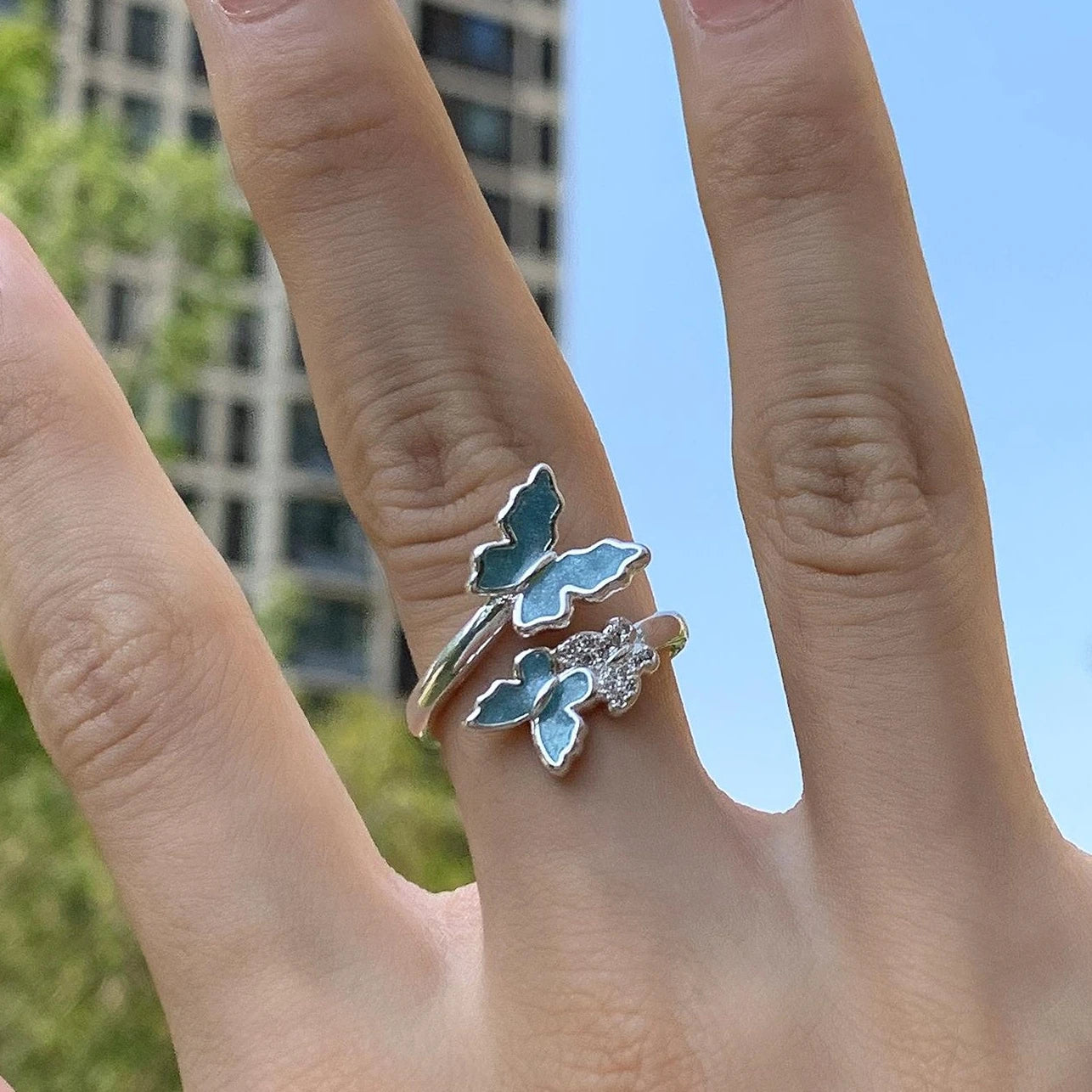 Accessories Glacier Blue Resin Butterfly Adjustable Ring