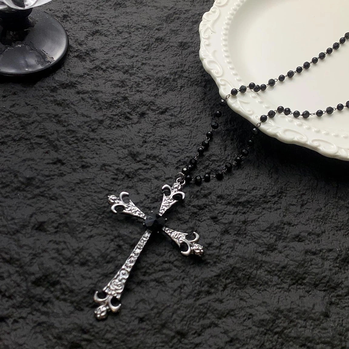 Accessories Gothic Black Beaded Cross Pendant Necklace