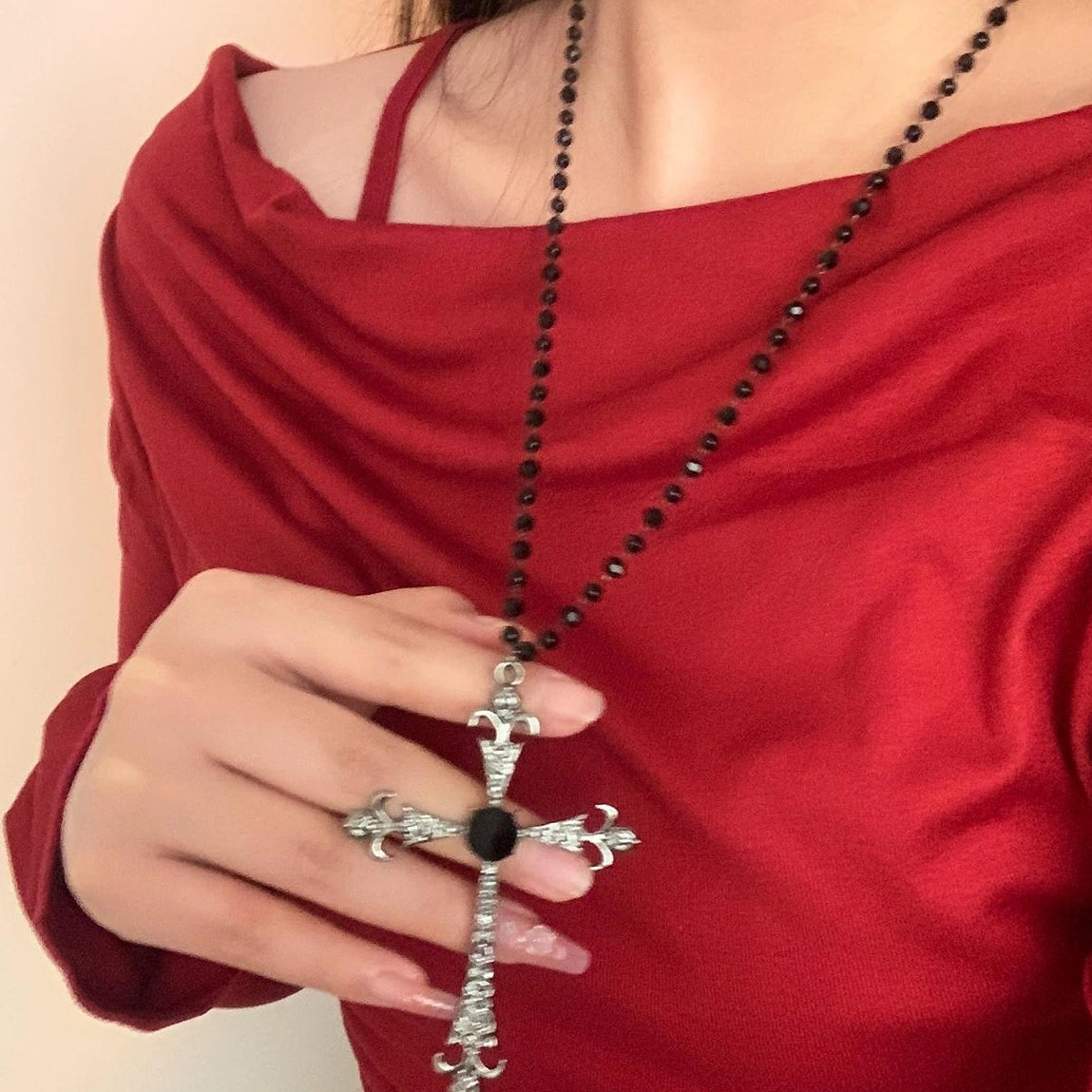 Accessories Gothic Black Beaded Cross Pendant Necklace