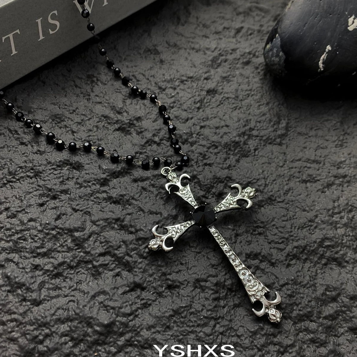 Accessories Gothic Black Beaded Cross Pendant Necklace