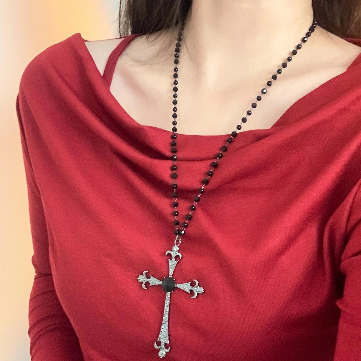Accessories Gothic Black Beaded Cross Pendant Necklace