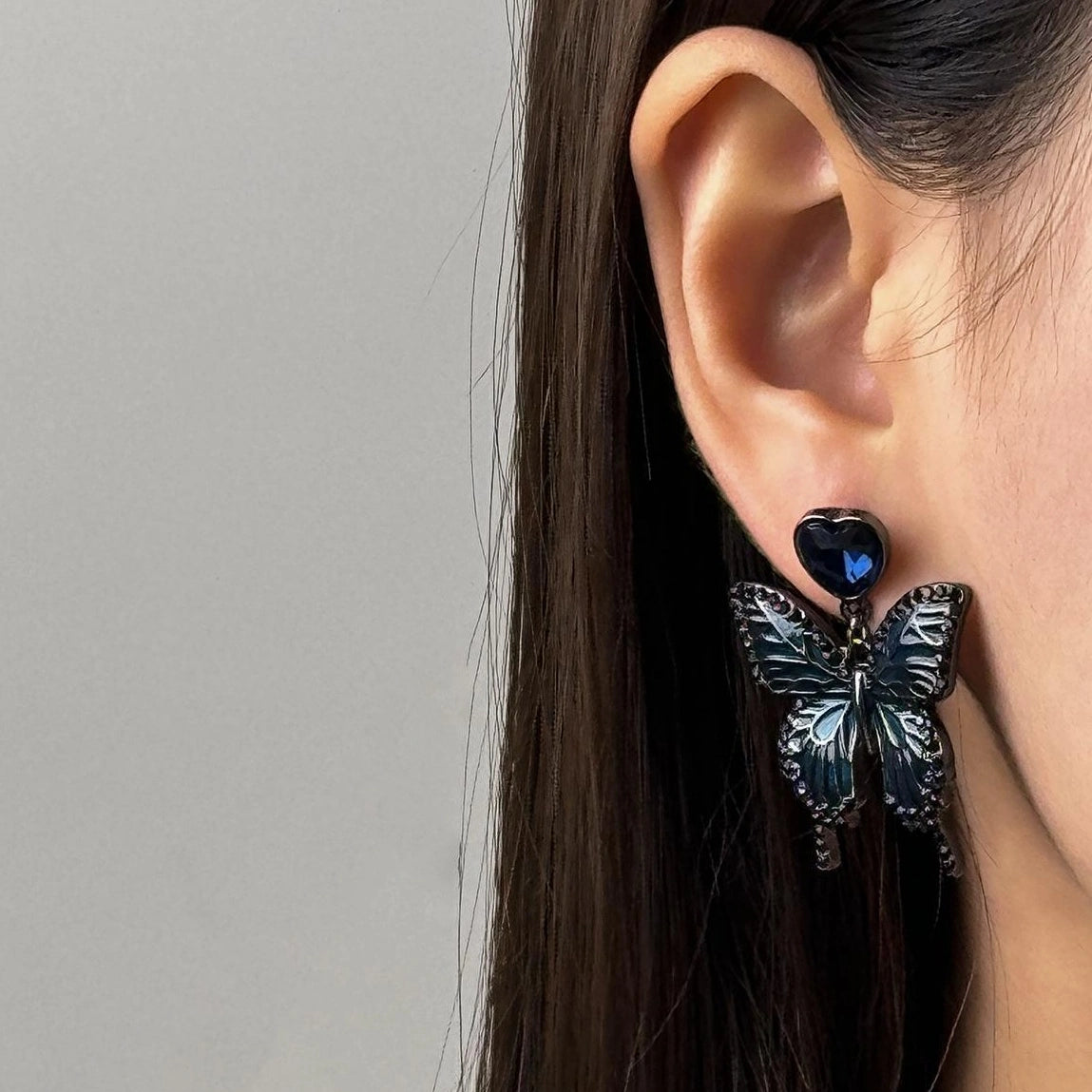 Accessories Gothic Blue Butterfly Heart Earrings