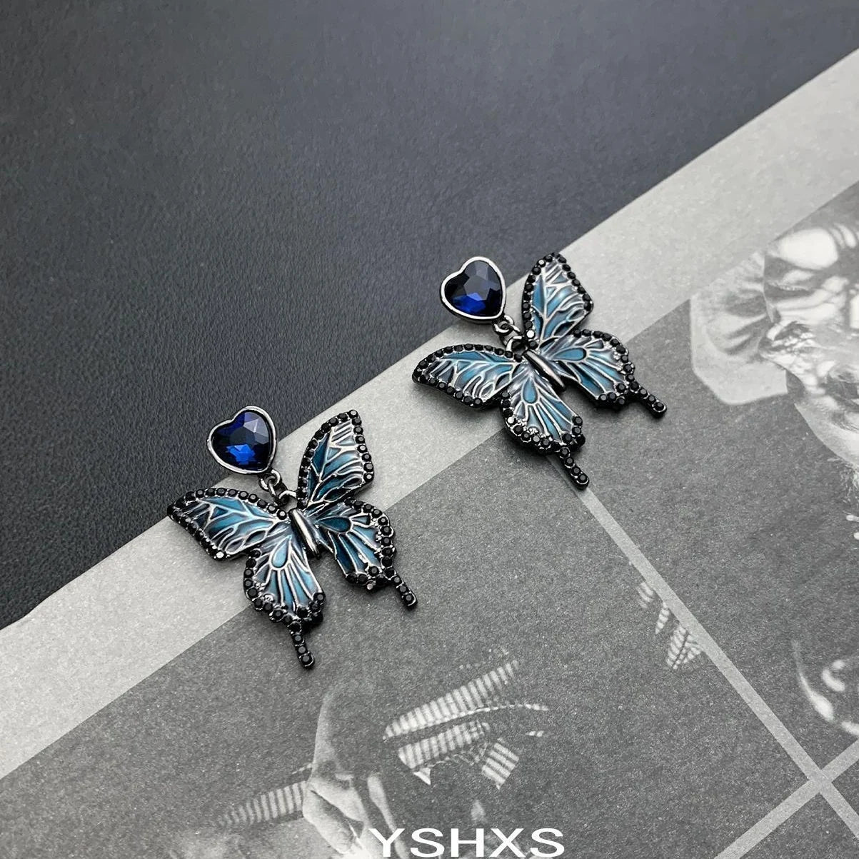 Accessories Gothic Blue Butterfly Heart Earrings
