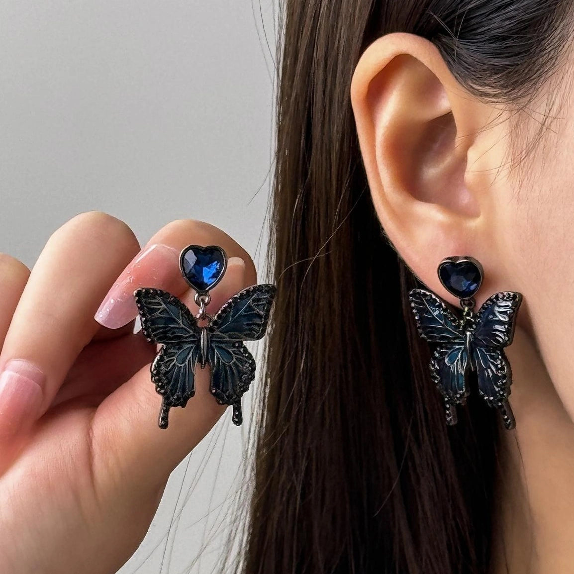 Accessories Gothic Blue Butterfly Heart Earrings