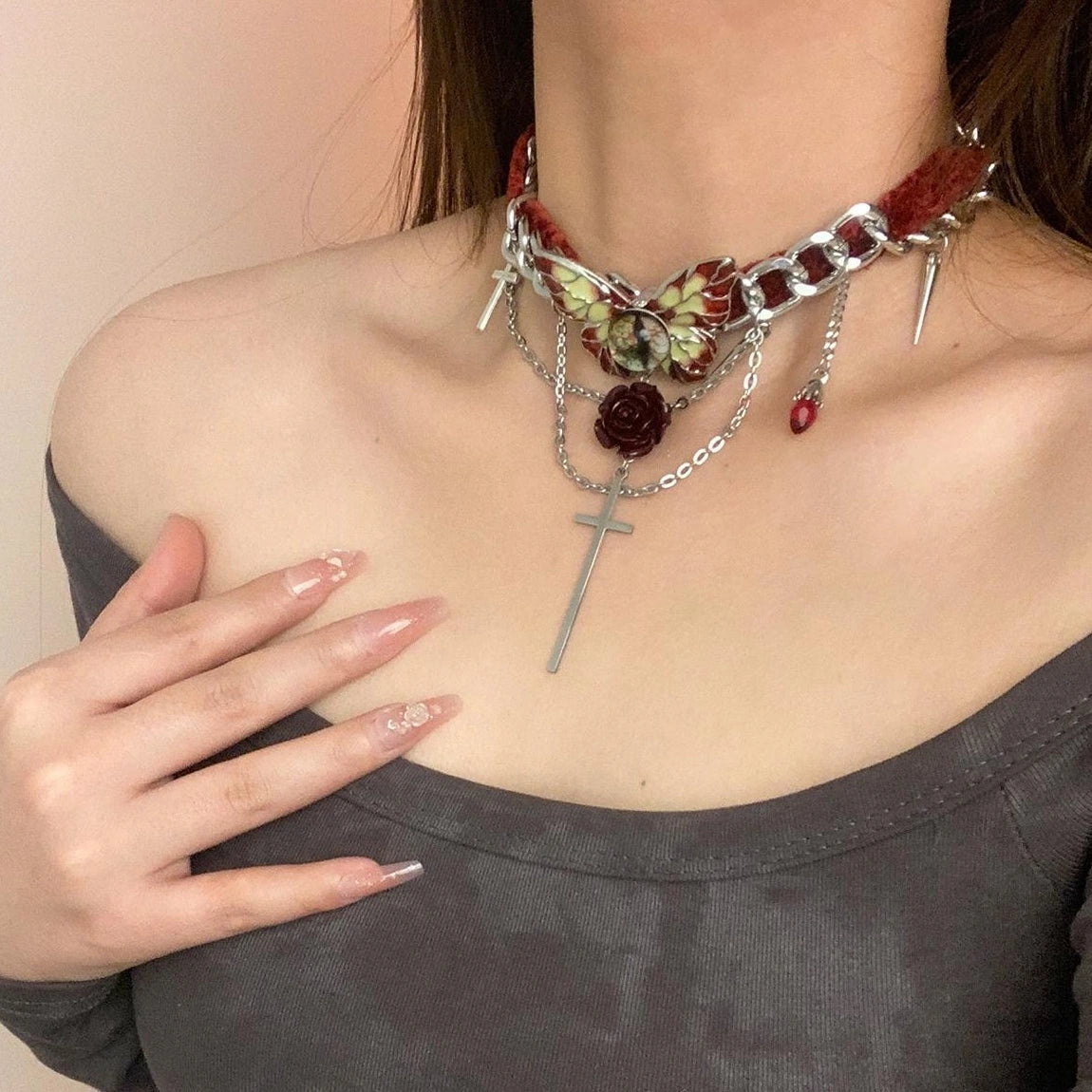 Accessories Gothic Butterfly Cross Velvet Choker Necklace
