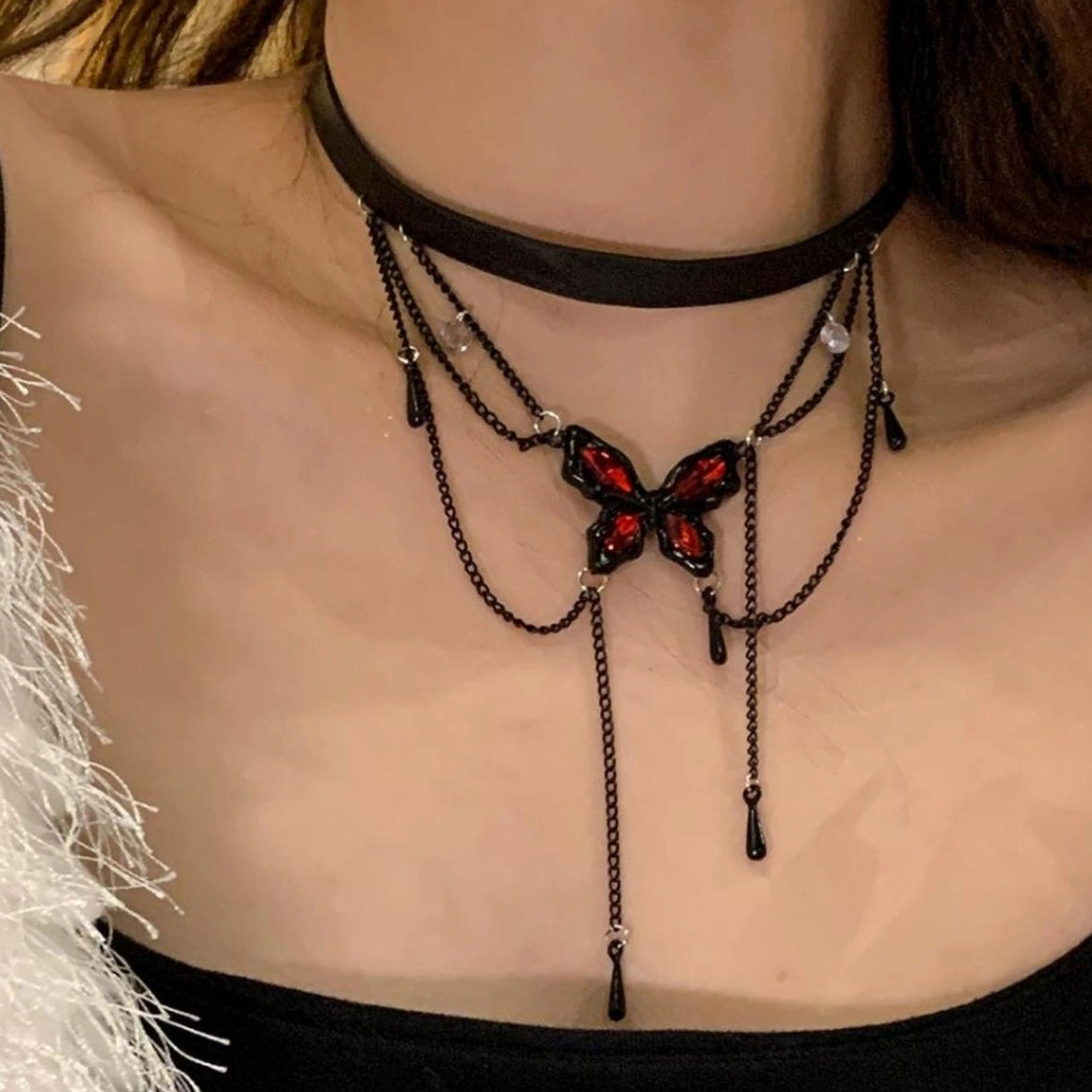 Accessories Gothic Butterfly Tassel Leather Choker