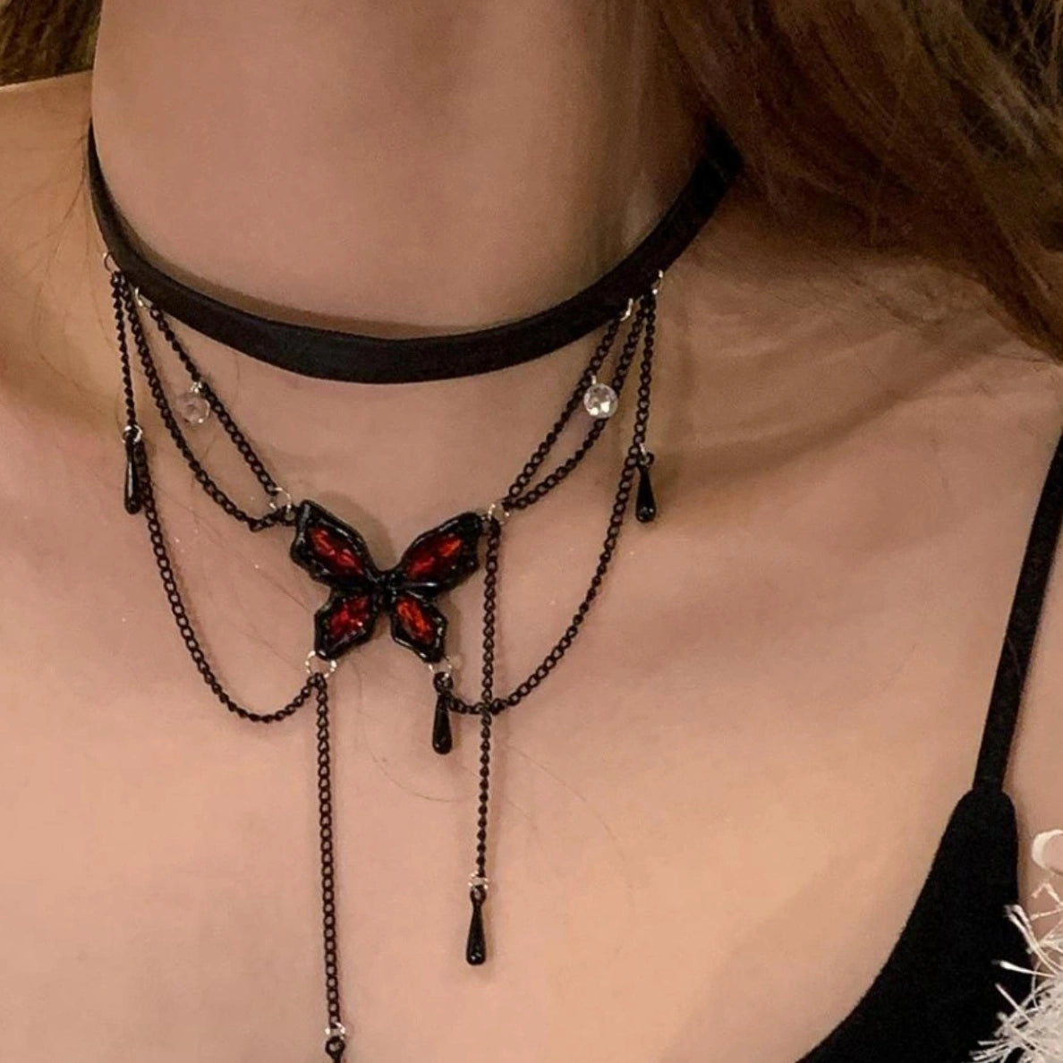 Accessories Gothic Butterfly Tassel Leather Choker