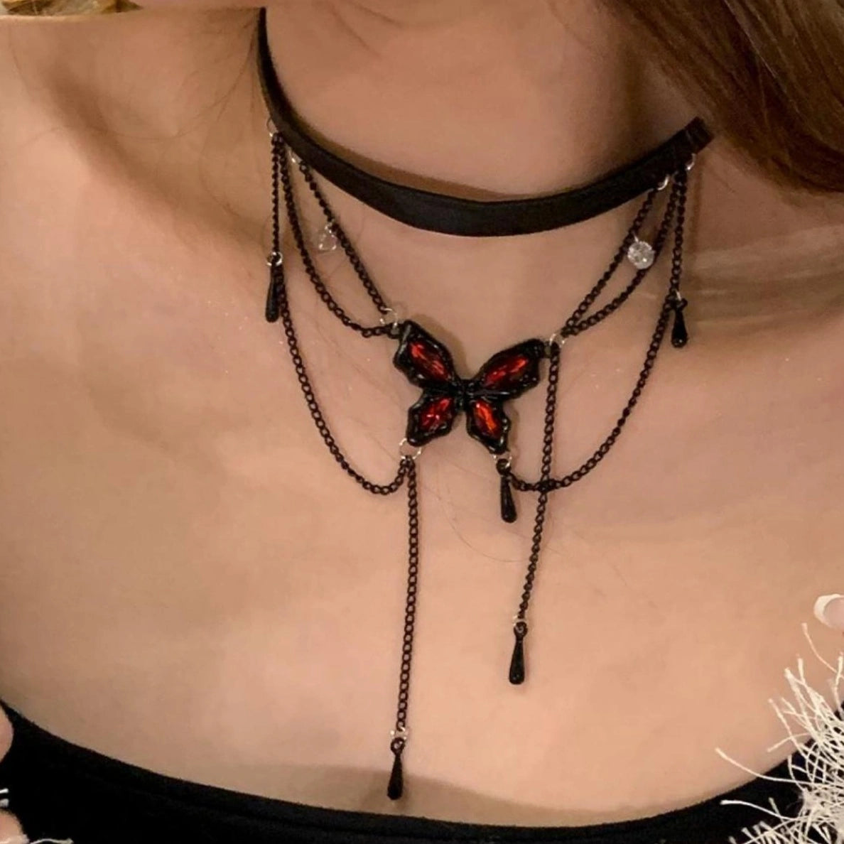 Accessories Gothic Butterfly Tassel Leather Choker