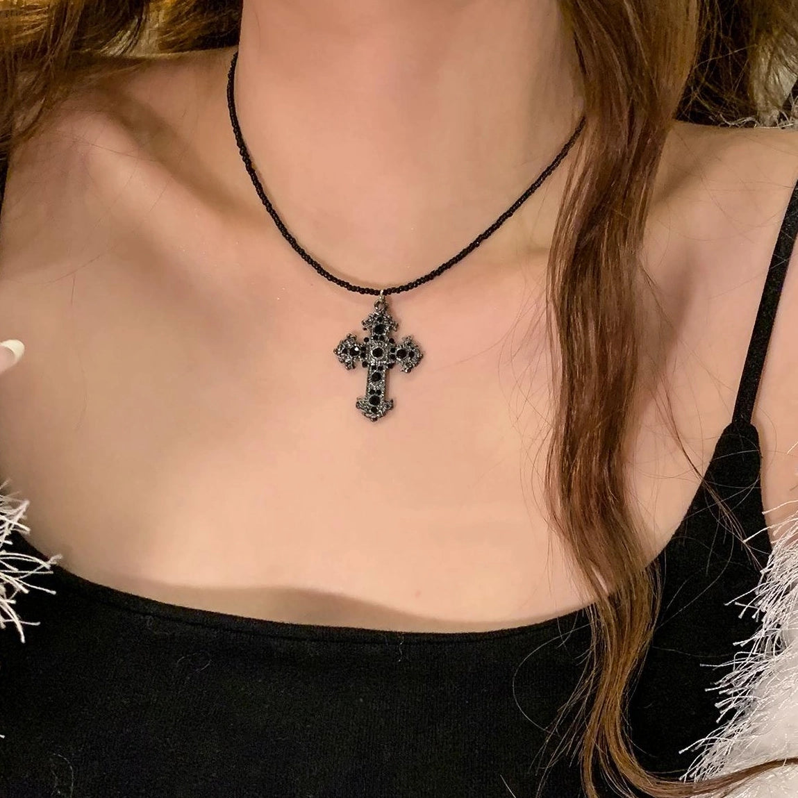 Accessories Gothic Cross Beaded Dark Crystal Choker