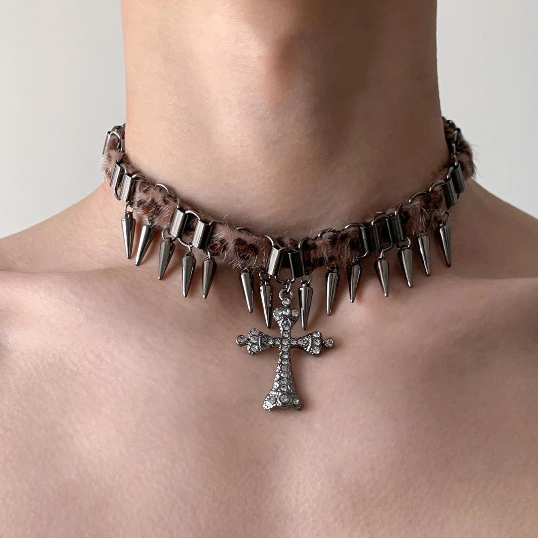 Accessories Gothic Cross Choker With Studs Fringe