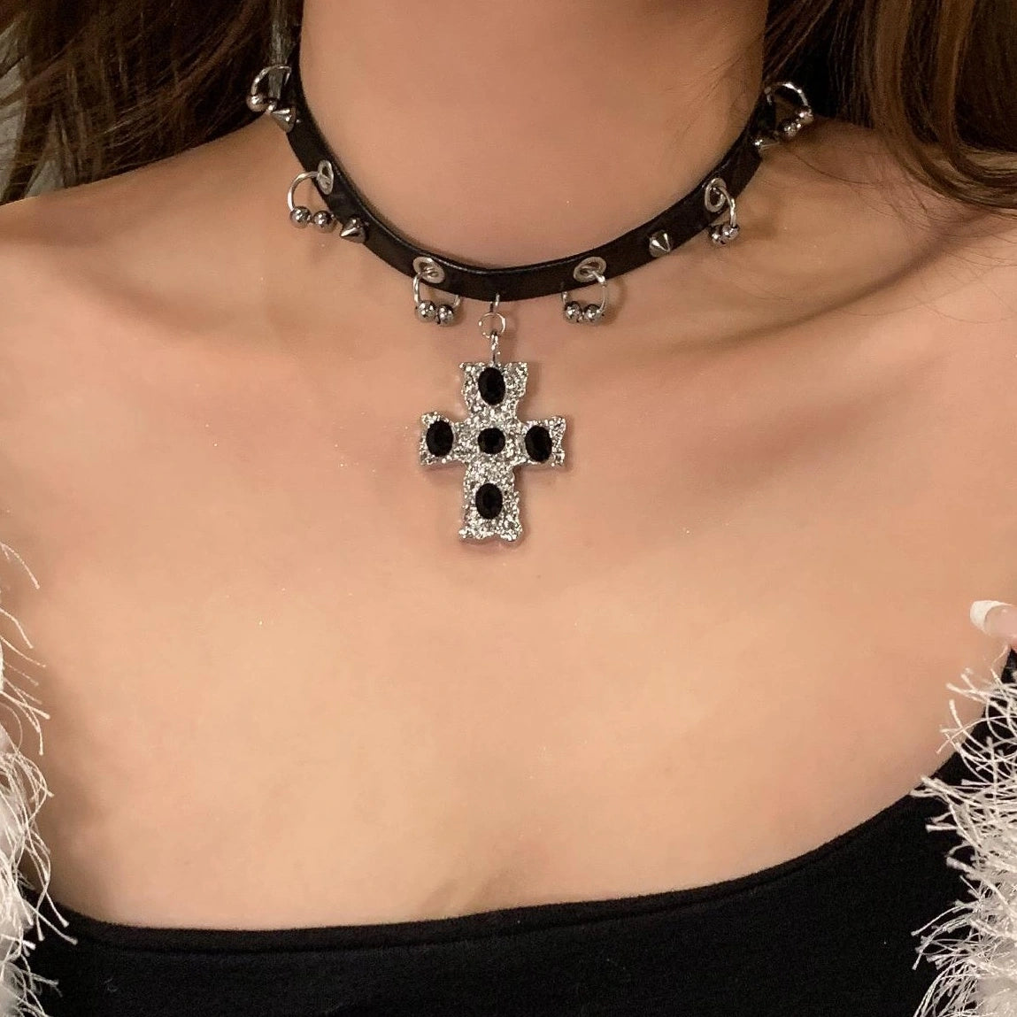 Accessories Gothic Cross Leather Choker Necklace