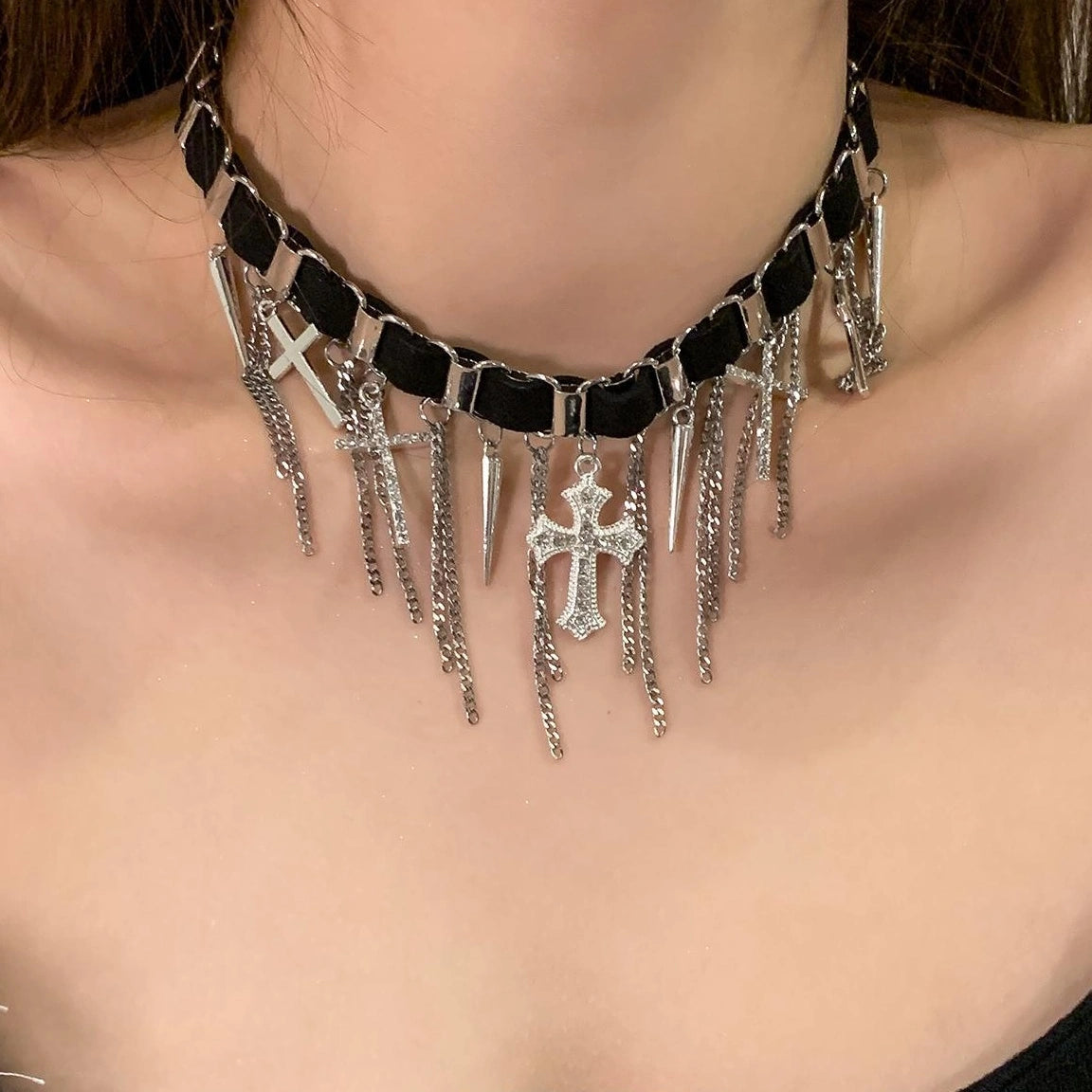 Accessories Gothic Cross Rivet Fringe Leather Choker Necklace