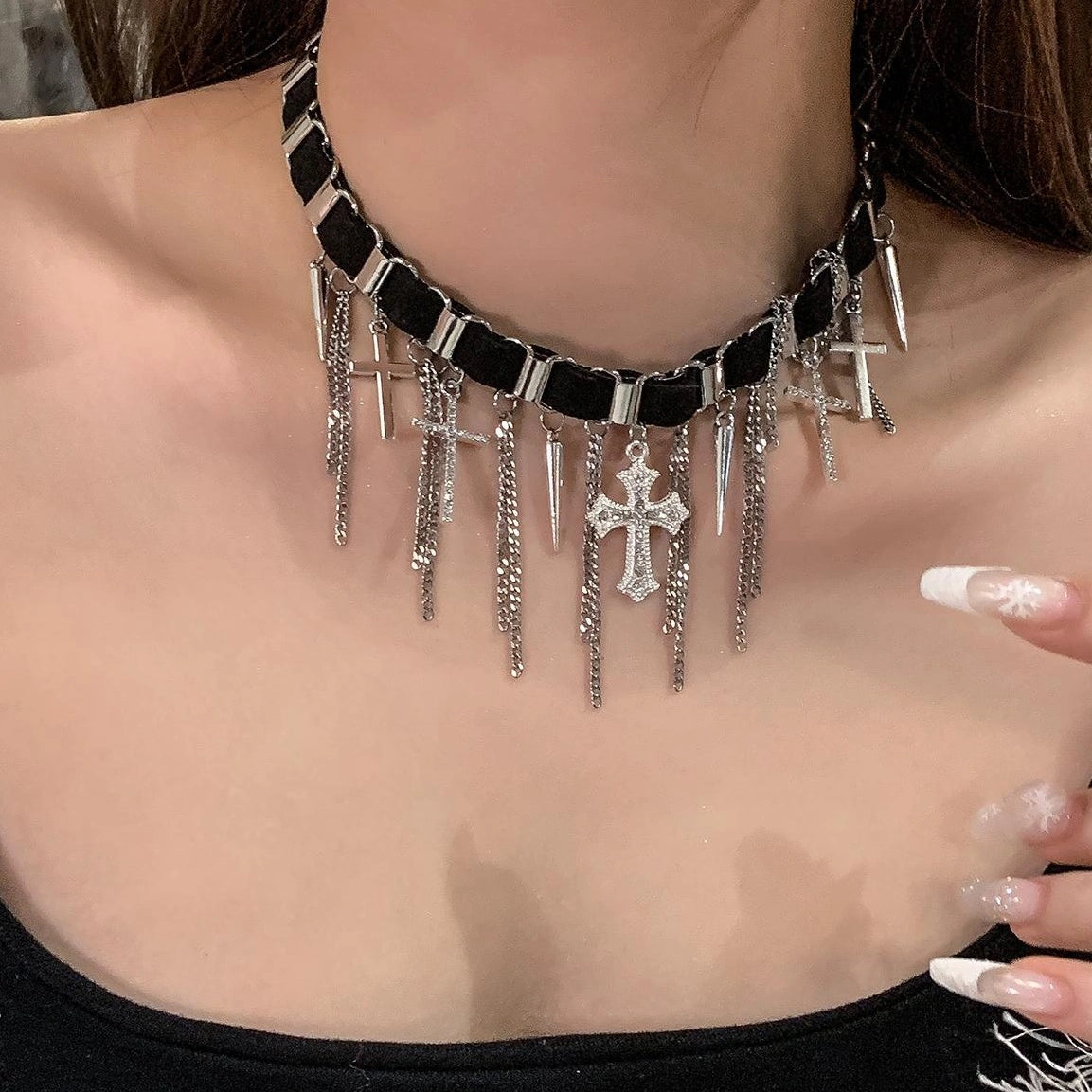 Accessories Gothic Cross Rivet Fringe Leather Choker Necklace