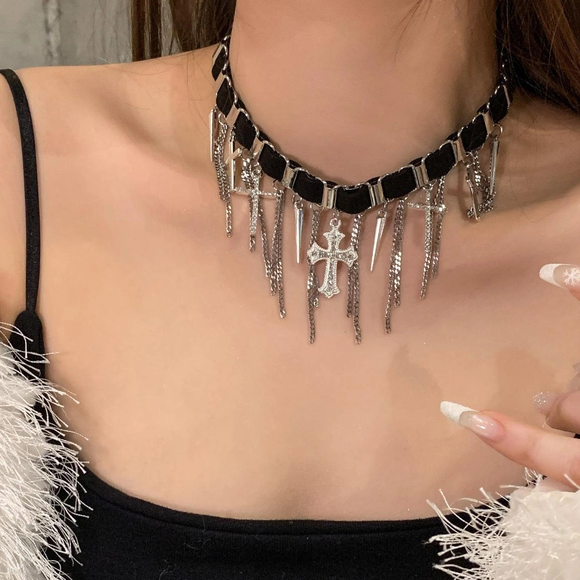 Accessories Gothic Cross Rivet Fringe Leather Choker Necklace