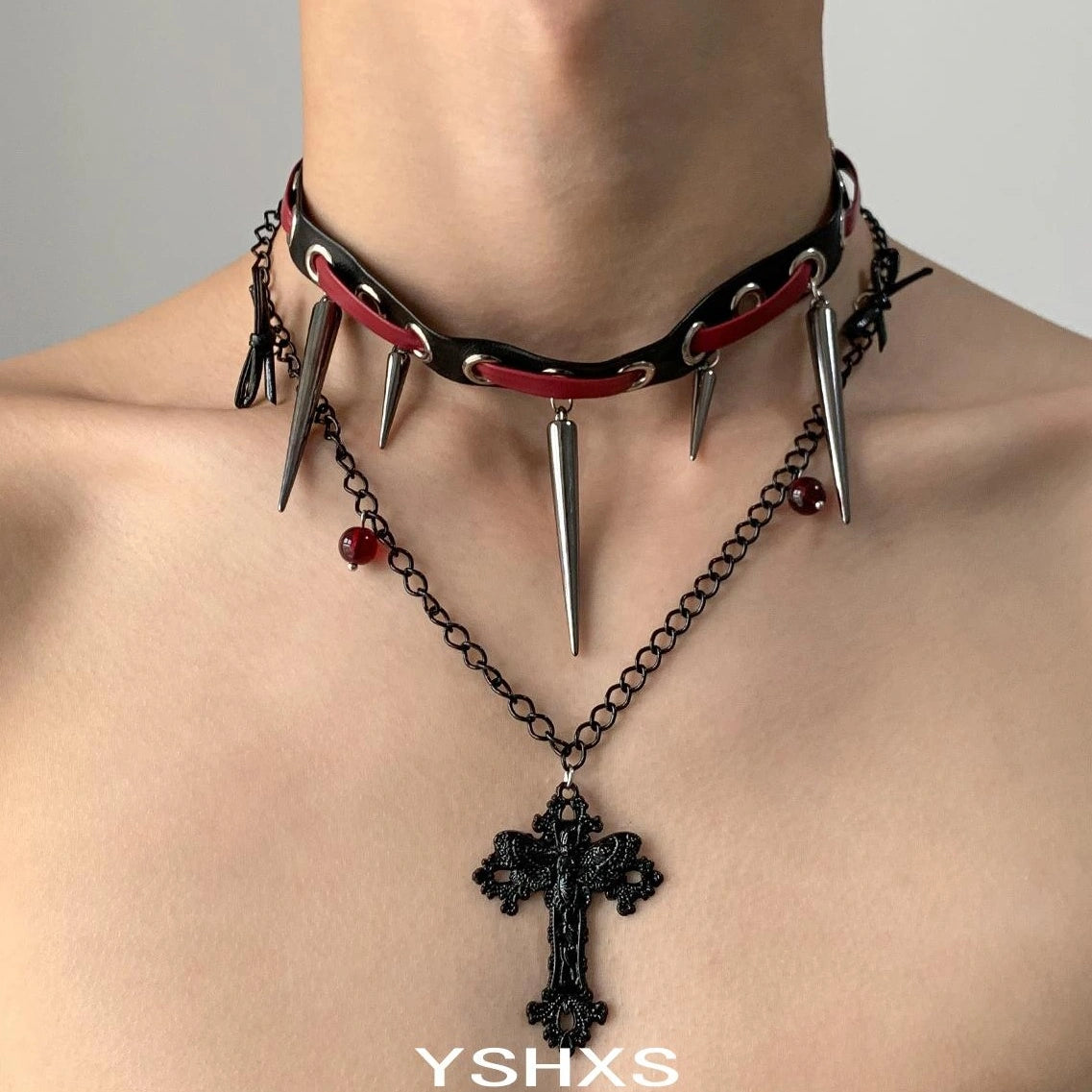 Accessories Gothic Double Layer Cross Pendant Choker Necklace