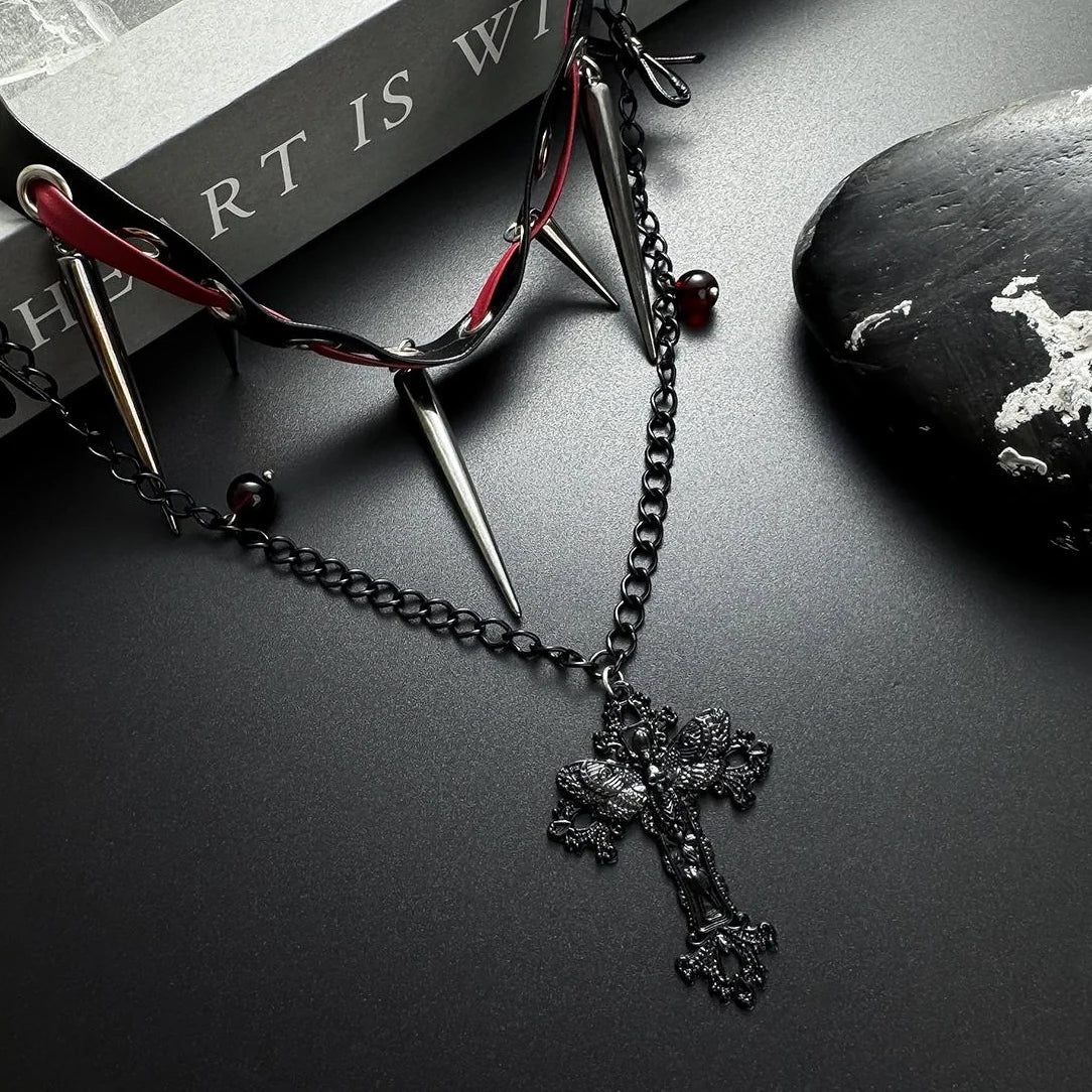 Accessories Gothic Double Layer Cross Pendant Choker Necklace
