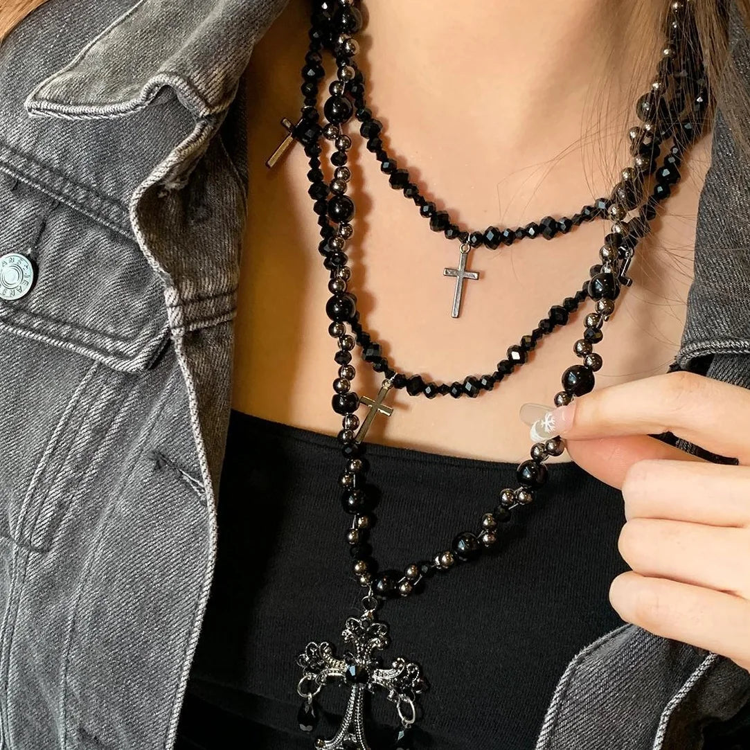 Accessories Gothic Layered Beaded Cross Necklace Set
