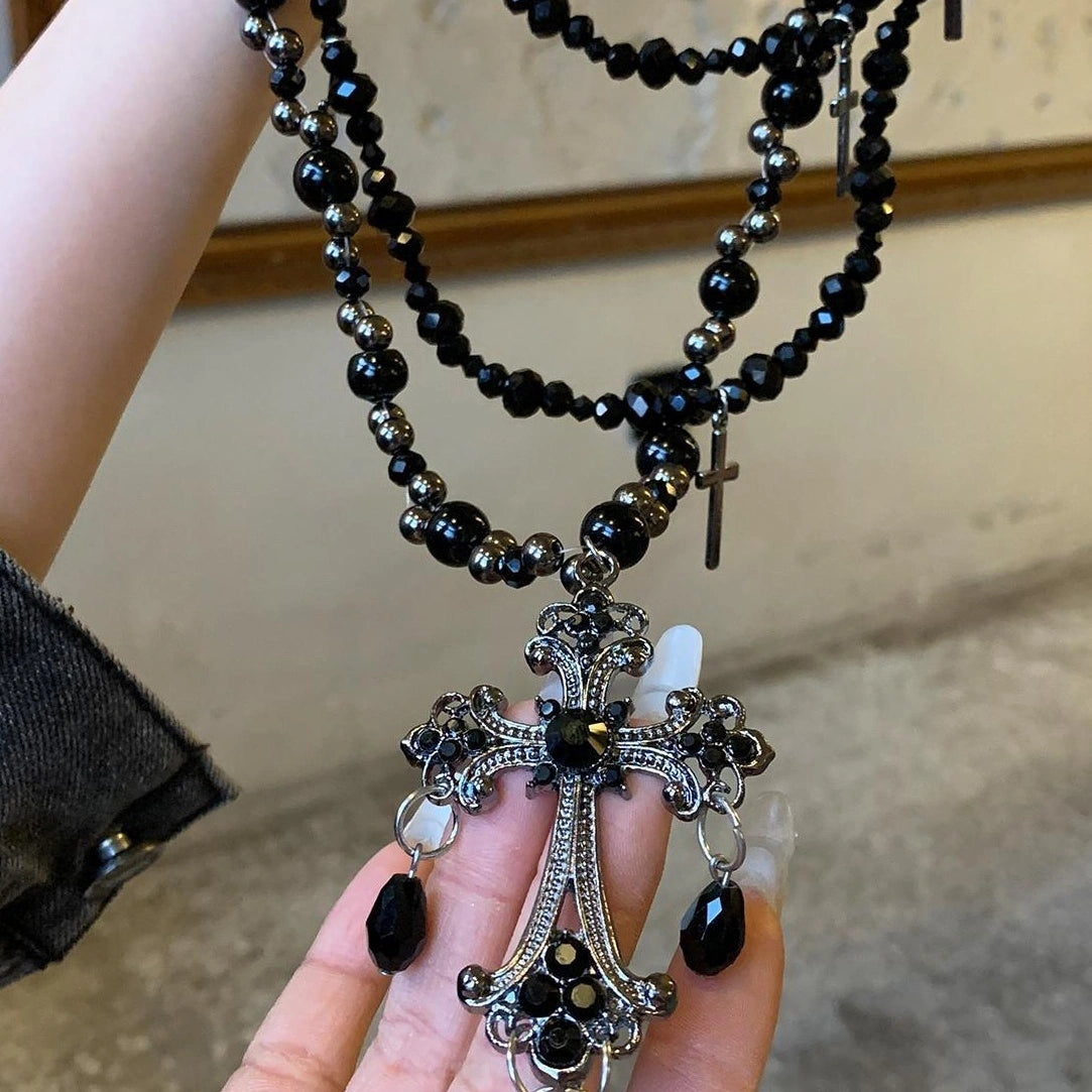 Accessories Gothic Layered Beaded Cross Necklace Set