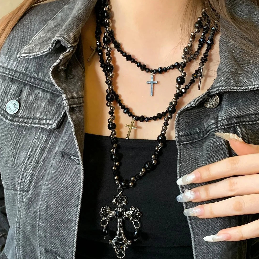 Accessories Gothic Layered Beaded Cross Necklace Set