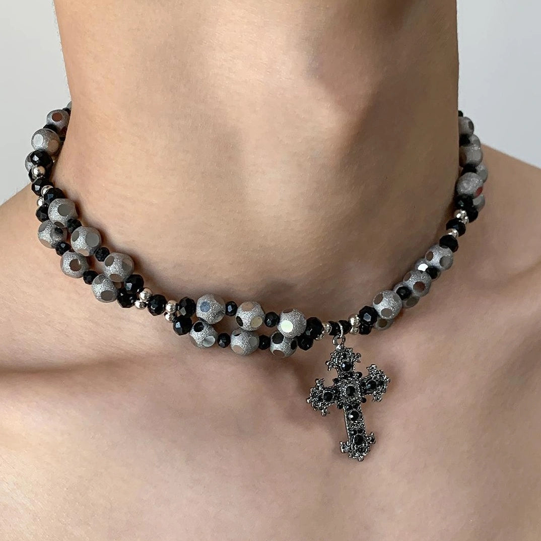 Accessories Gothic Layered Beaded Cross Pendant V-neck Necklace