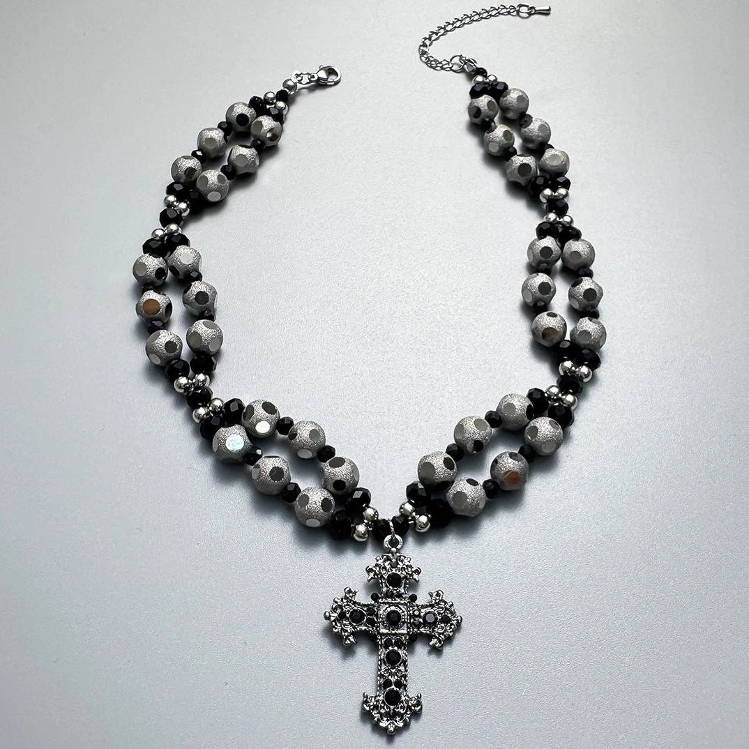 Accessories Gothic Layered Beaded Cross Pendant V-neck Necklace