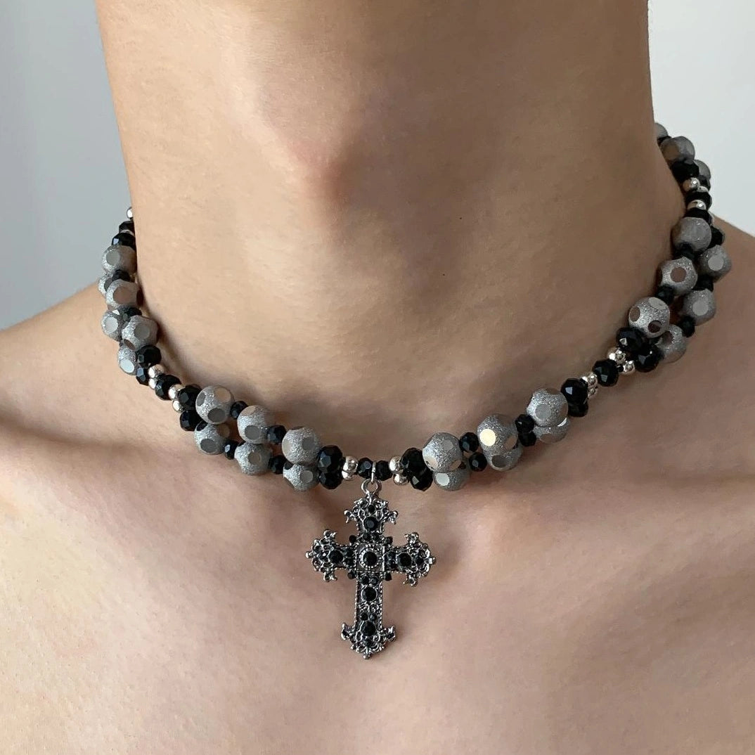 Accessories Gothic Layered Beaded Cross Pendant V-neck Necklace