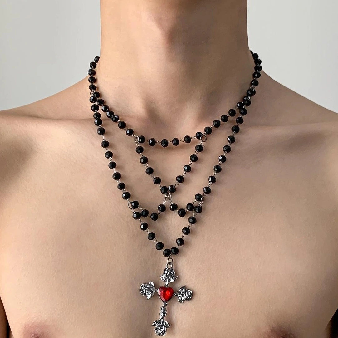 Accessories Gothic Layered Black Cross Bead Necklace