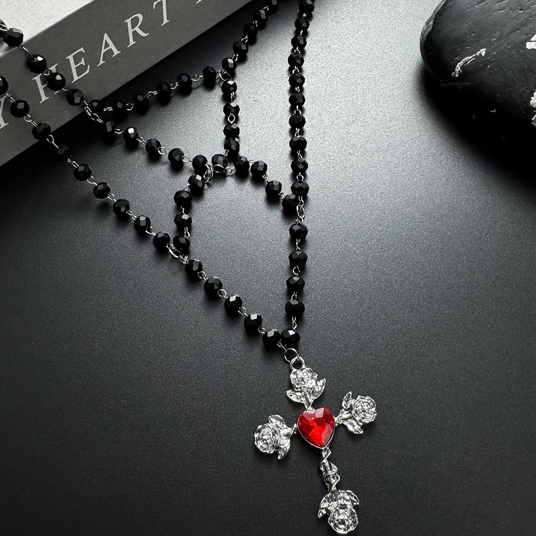 Accessories Gothic Layered Black Cross Bead Necklace