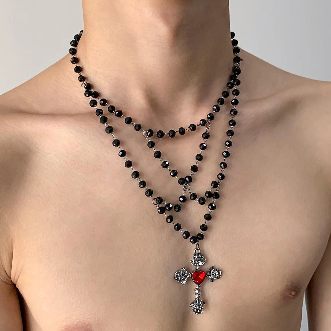 Accessories Gothic Layered Black Cross Bead Necklace