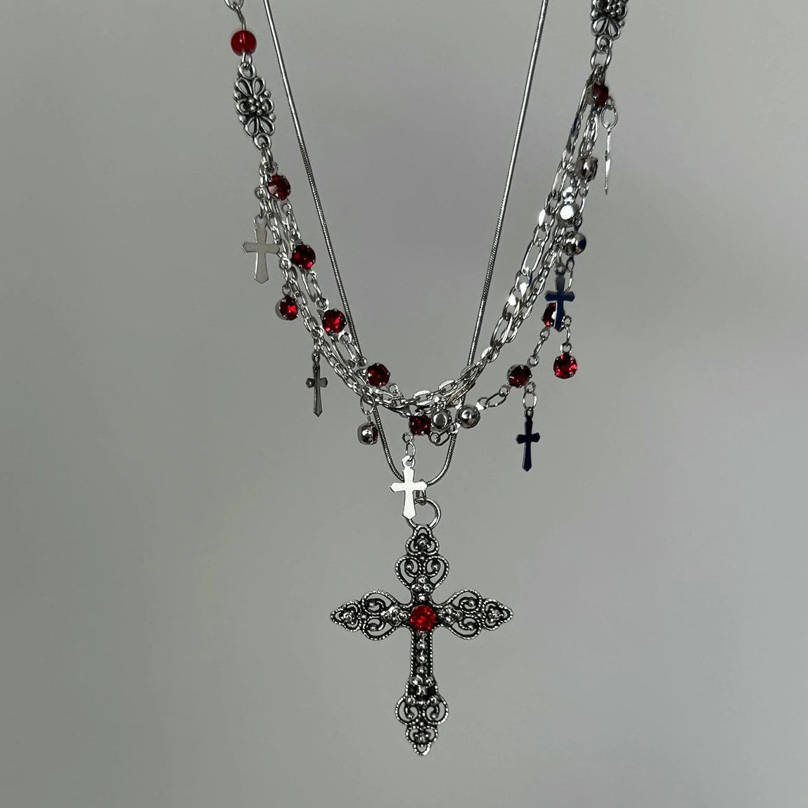 Accessories Gothic Layered Fringe Cross Pendant Necklace