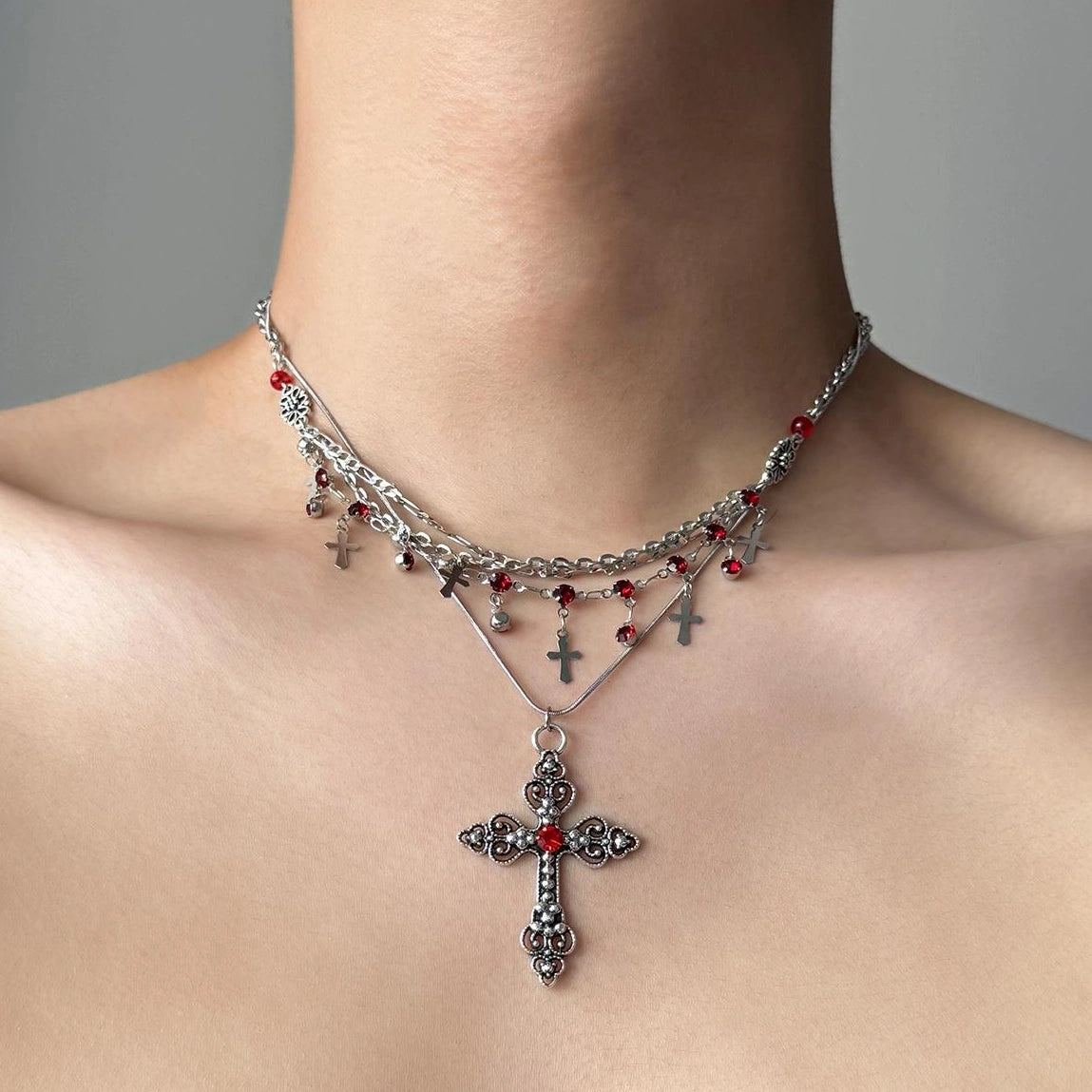 Accessories Gothic Layered Fringe Cross Pendant Necklace
