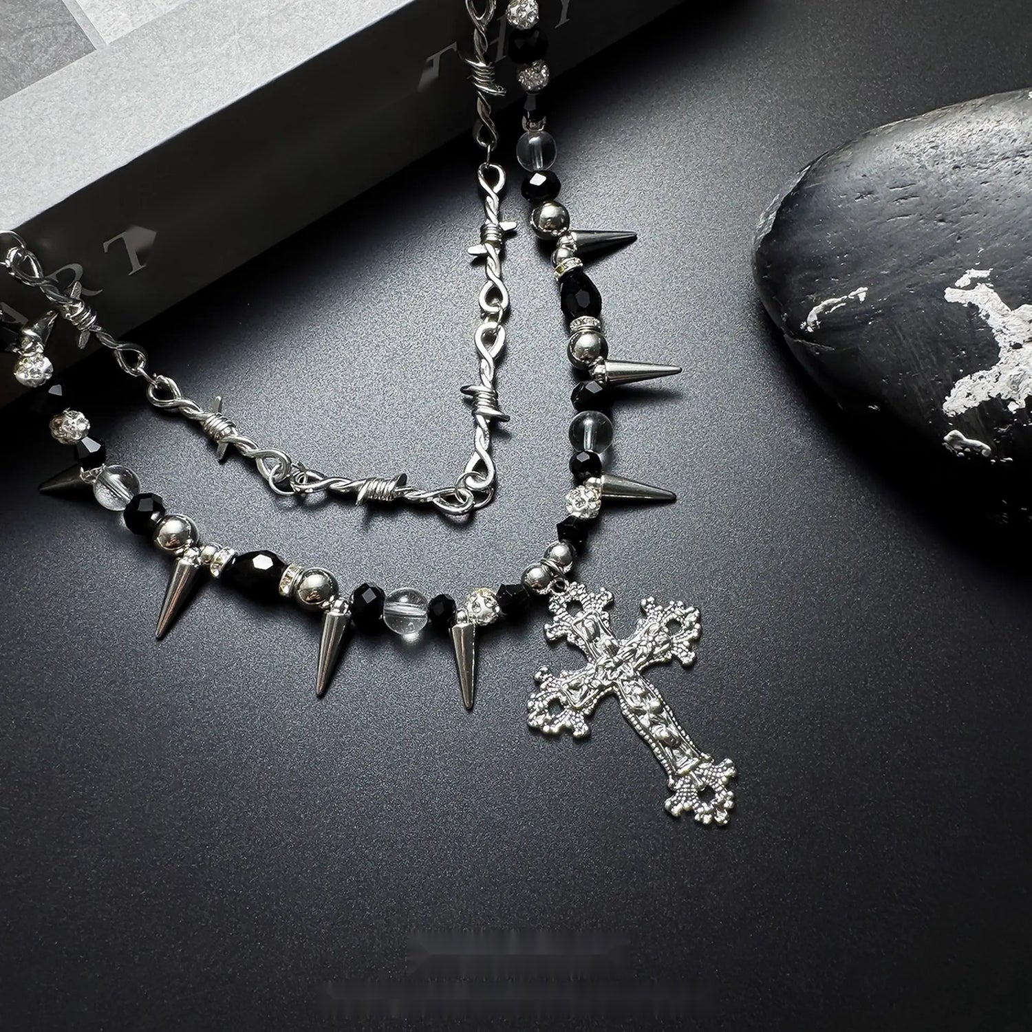 Accessories_Gothic_Punk_Double_Layer_Cross_Spike_Bead_V-neck_Necklace_MISSTT