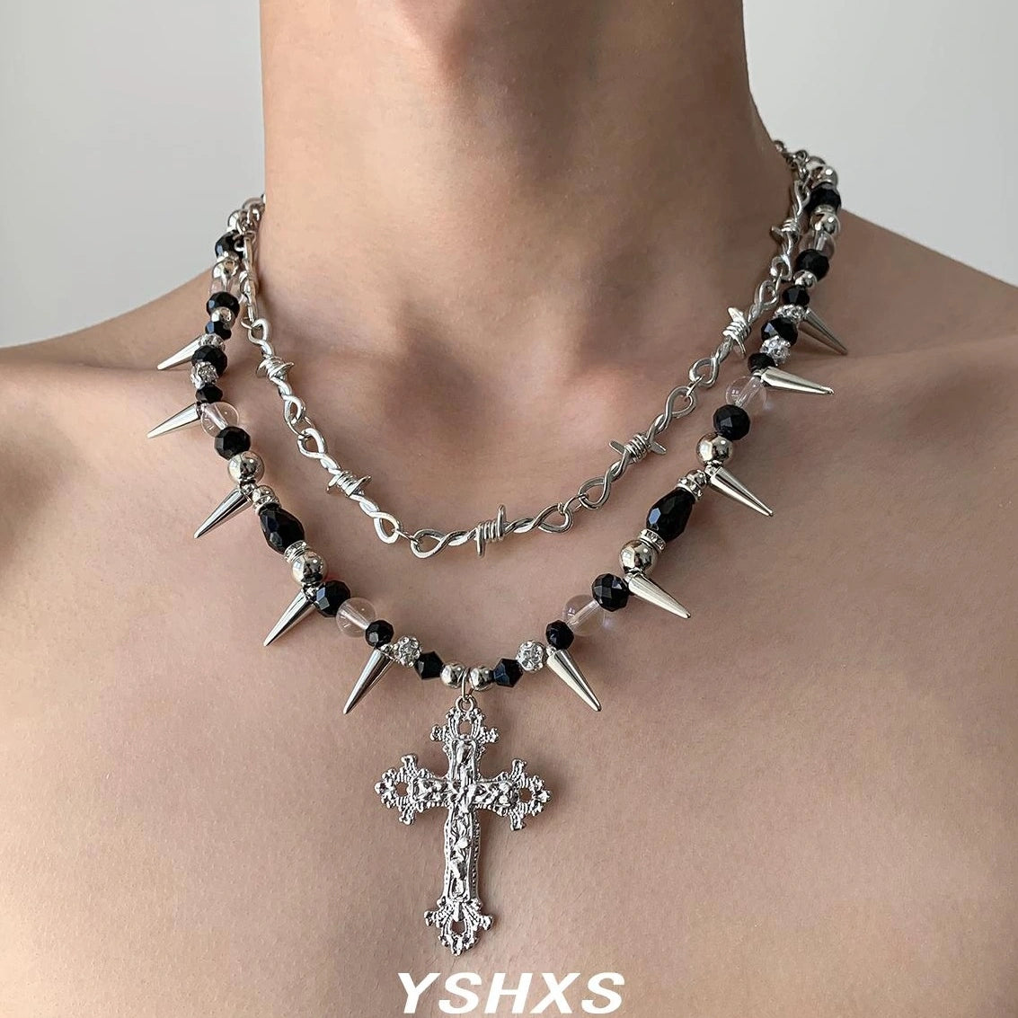Accessories Gothic Punk Double Layer Cross Spike Bead V-neck Necklace
