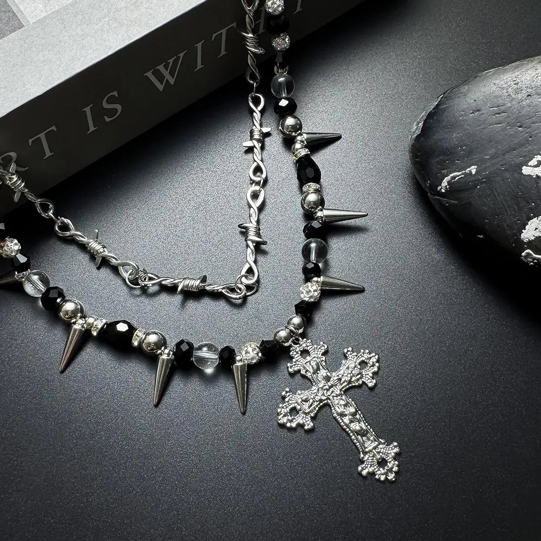 Accessories Gothic Punk Double Layer Cross Spike Bead V-neck Necklace