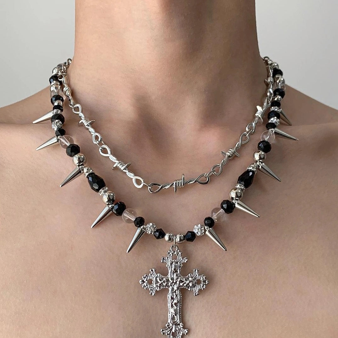 Accessories Gothic Punk Double Layer Cross Spike Bead V-neck Necklace