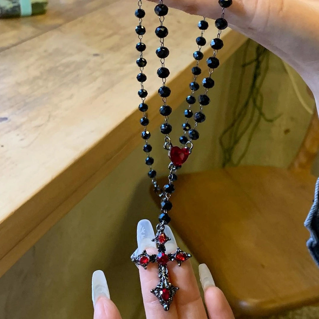 Accessories Gothic Red Cross Tassel Pendant Necklace